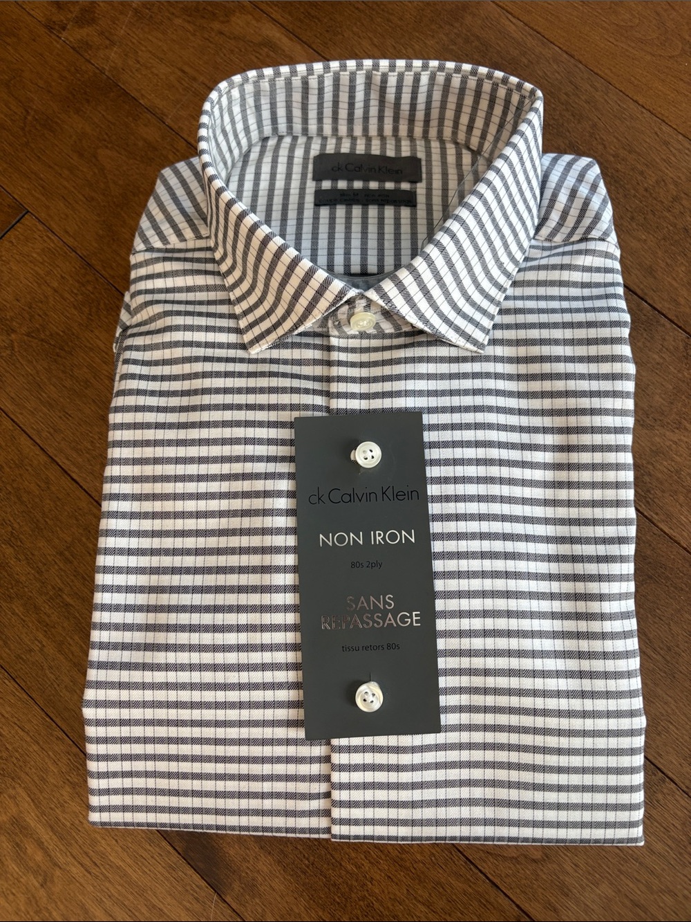 Cotton Calvin Klein Men's Gray and White Checked Non-Iron Dress Shirt